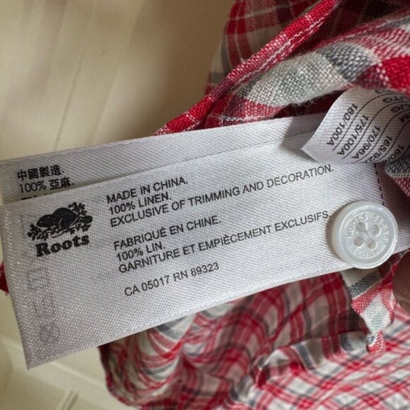 Roots 100% Linen Red, Blue, White Check Half Button Adjtable Sleeve Shirt. L - Picture 7 of 7